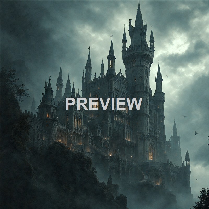 A large, dark, gothic-style castle with numerous spires and towers, set against a cloudy, ominous sky with some light shining through, surrounded by mist.